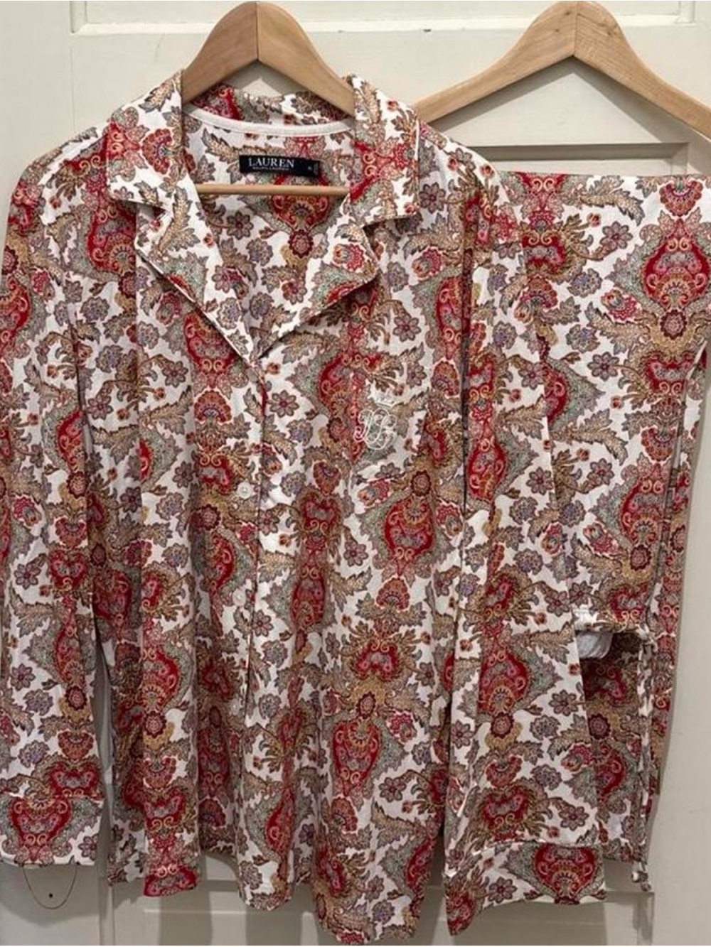 Lauren Ralph Lauren White Pajama Set with Red and Tan Paisley
